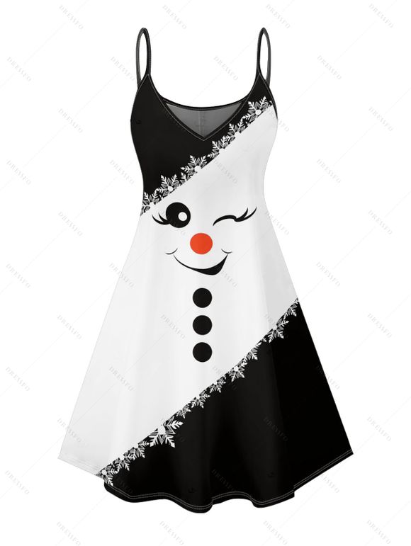 Robe de Noël à imprimé bonhomme de neige et flocon de neige, à bretelles spaghetti - Noir XXL | US 14