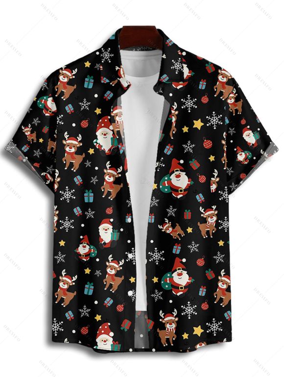 Chemise de Noël pour homme, imprimé Père Noël, élan, flocon de neige, boutonnée - Noir XL