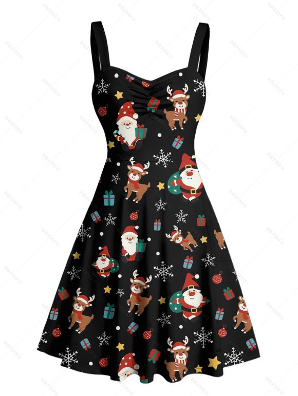 Robe de Noël Mini-robe froncée à imprimé Père Noël, élan et flocon de neige - Noir M | US 6