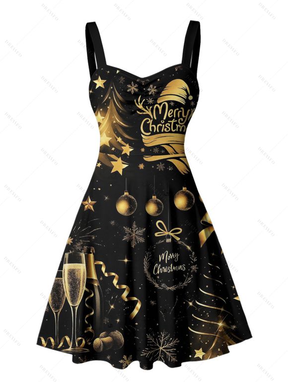 Robe de vacances, chapeau de sapin de Noël, cloche, imprimé lettres, mini-robe froncée - Noir XL | US 12