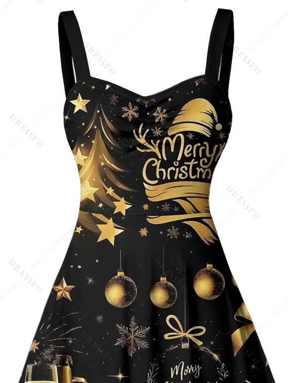 Robe de vacances, chapeau de sapin de Noël, cloche, imprimé lettres, mini-robe froncée - Noir XXXXXL | US 20