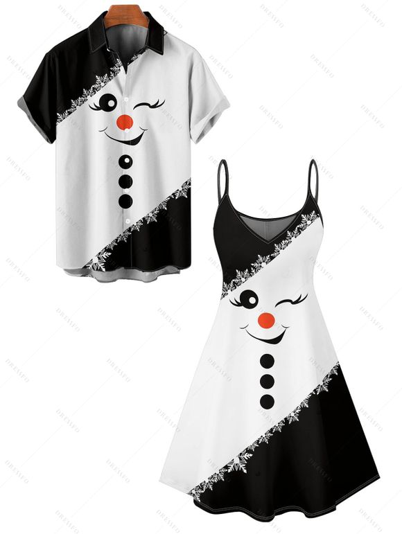 Christmas Couple Outfit Colorblock Snowman Snowflake Print Dress and Shirt Set - Noir S | US 4