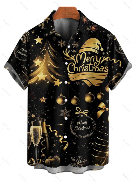 Chemise de vacances pour homme, imprimé sapin de Noël, chapeau, cloche, lettre, chemise boutonnée - Noir L