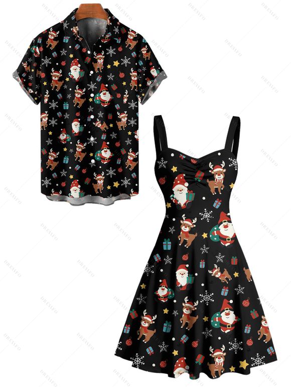 Christmas Couple Outfit Santa Claus Elk Snowflake Print Dress and Shirt Set - Noir S | US 4