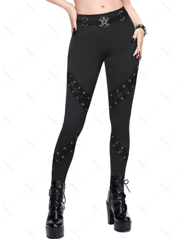 Leggings gothiques de couleur unie avec œillets et lacets, leggings skinny à anneau en O - Noir XXL | US 14