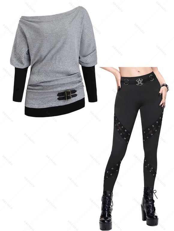 Women Outfit Colorblock Skew Neck Textured Buckle Top and Grommet Leggings Set - Gris S | US 4