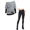 Women Outfit Colorblock Skew Neck Textured Buckle Top and Grommet Leggings Set - Gris S | US 4