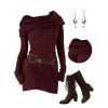 Women Outfit Cowl Neck Hooded Belted Long Knit Sweater and Earrings Boots Set - Rouge Vineux S | US 4