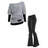 Women Outfit Colorblock Skew Neck Textured Buckle Top and Lace Up Flare Jeans Set - Gris S | US 4