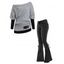 Women Outfit Colorblock Skew Neck Textured Buckle Top and Lace Up Flare Jeans Set - Gris S | US 4