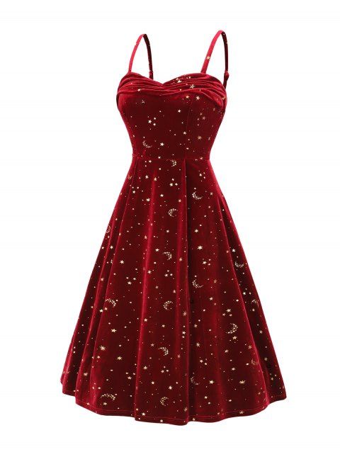 Robe Mi-Longue en Velours à Imprimé Fleur Lune Soleil et Strass