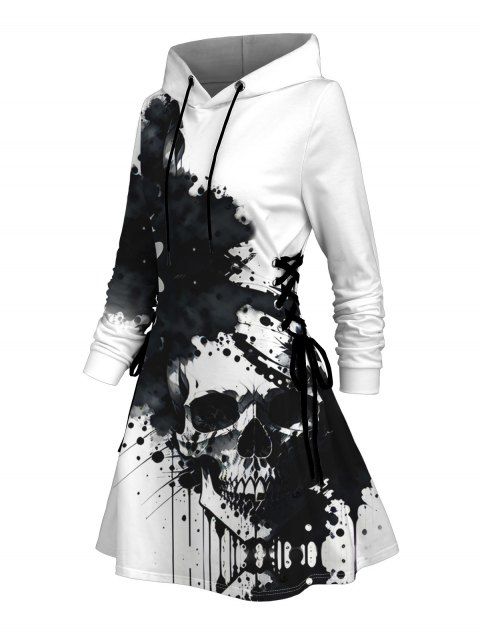 Gothic Hoodie Dress Colorblock Skull Splash Ink Print Lace Up Hooded Dress