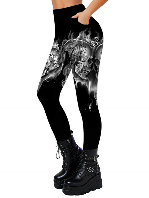 Leggings gothiques taille haute élastiques imprimés tête de mort