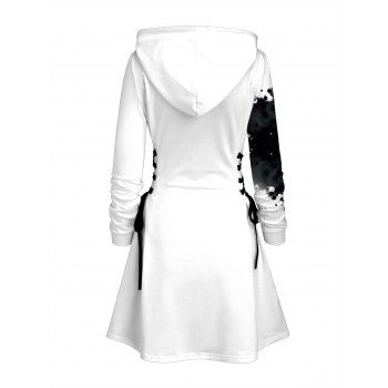 Gothic Hoodie Dress Colorblock Skull Splash Ink Print Lace Up Hooded Dress