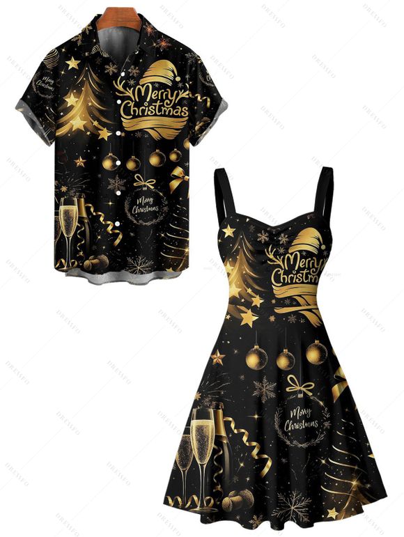 Holiday Couple Outfit Christmas Tree Hat Bell Letter Print Dress and Shirt Set - Noir S | US 4