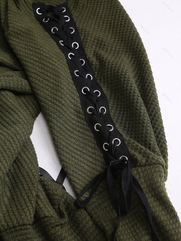 Haut à lacets et œillets, couleur unie, col oblique, manches longues - Vert Armée M | US 6