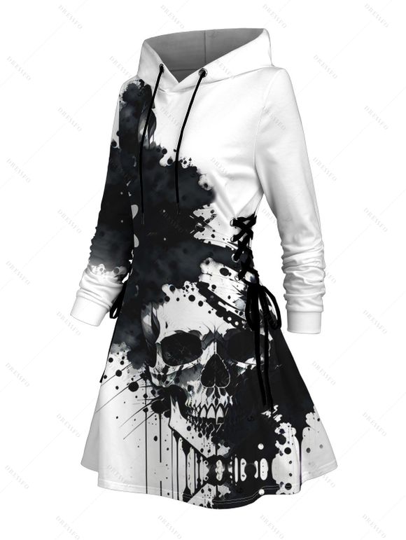 Robe à capuche gothique à lacets avec imprimé tête de mort et éclaboussures d'encre - Blanc S | US 4