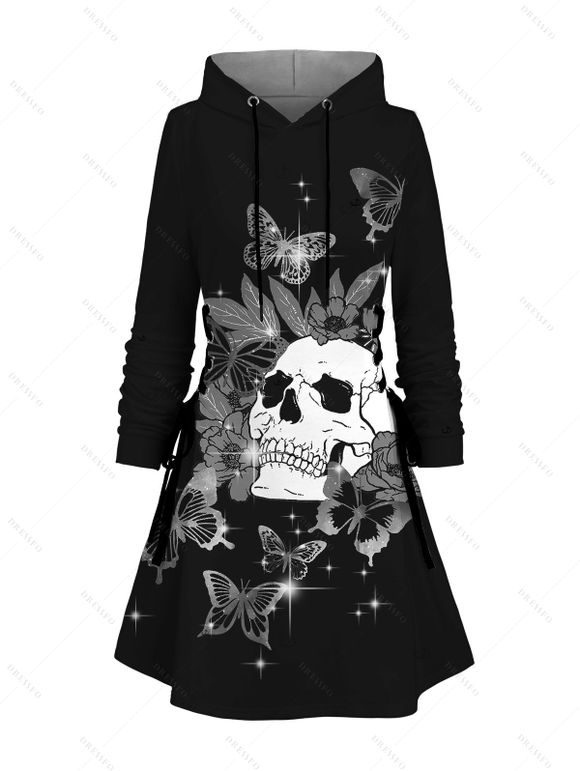 Robe à capuche gothique à lacets, motif tête de mort, motif floral et papillon - Noir M | US 6