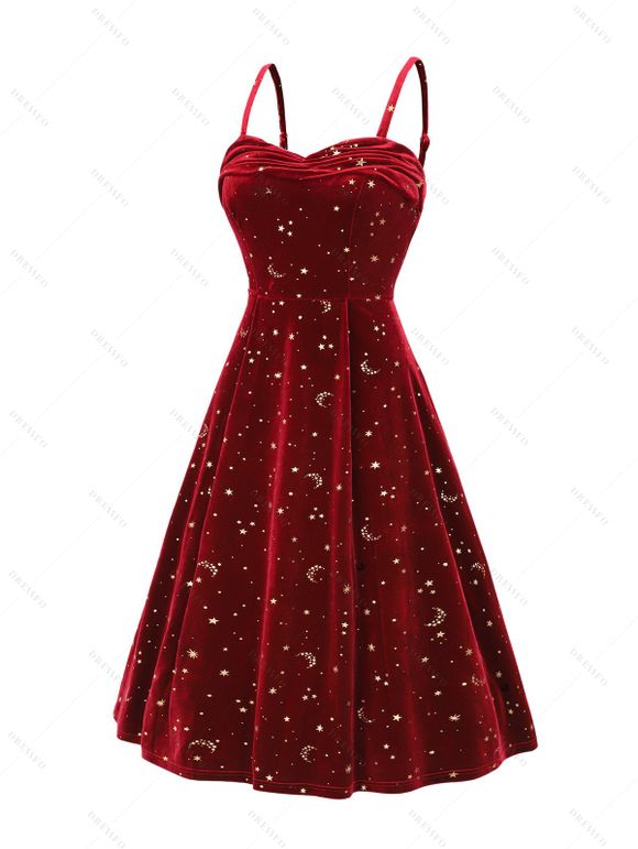 Robe Mi-Longue en Velours à Imprimé Fleur Lune Soleil et Strass - Rouge foncé XXL | US 14