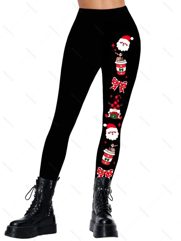 Leggings de Noël imprimé Père Noël avec nœud papillon et taille élastique - Noir S | US 4