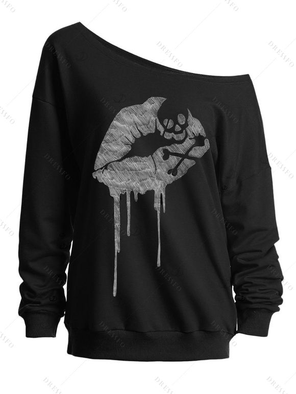 Sweat-shirt gothique à manches longues et col incliné avec imprimé tête de mort et lèvres - Noir S | US 4