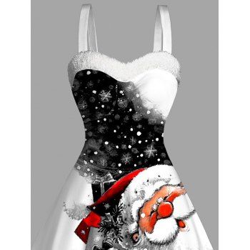 Christmas Dress Colorblock Snowflake Santa Claus Print Faux Fur Dress