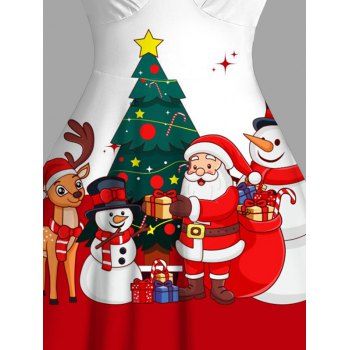 Holiday Dress Santa Claus Snowman Elk Christmas Tree Print Faux Fur Dress