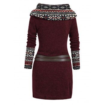 Ethnic Print Skew Neck Knitted Dress O Ring Buckle Long Sleeve Dress