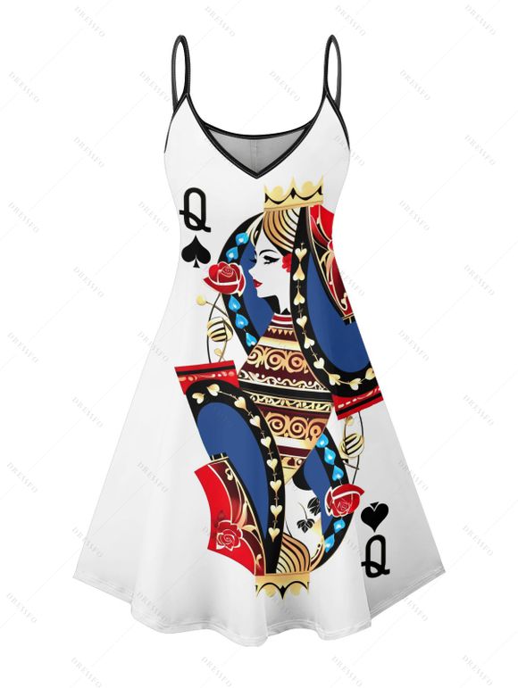 Playing Card Print V Neck High Waist Spaghetti Strap Dress and Roll Up Sleeve Shirt Hawaii Outfit - Blanc S | US 4