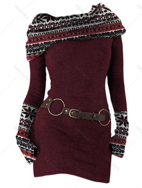 Robe en maille à imprimé ethnique et col oblique, robe à manches longues avec boucle en O - Rouge foncé L | US 8