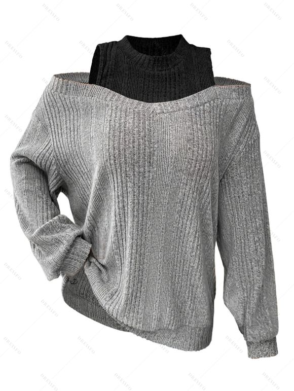 Haut tricoté à manches longues et épaules dénudées Coloblock Knitwear - Gris XL | US 12