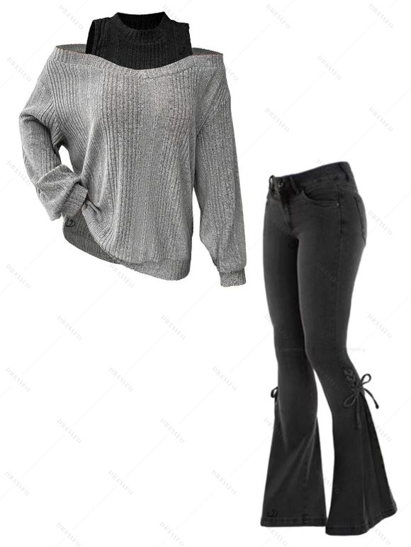 Women Outfit Colorblock Cold Shoulder Knitted Top and Plant Print Leggings Set - Gris S | US 4
