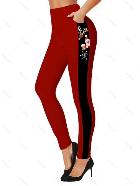 Leggings de Noël Leggings skinny à imprimé Père Noël, élan, flocon de neige et blocs de couleur - Rouge Vineux S | US 4