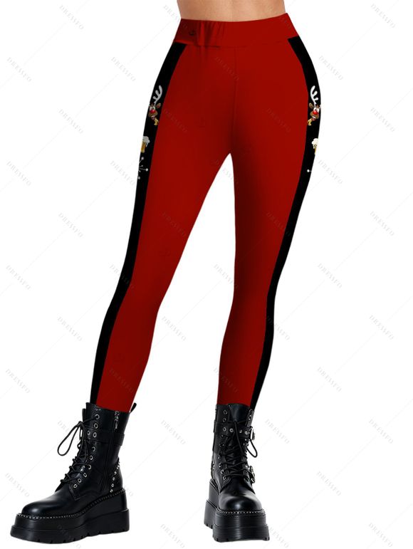 Leggings de Noël Leggings skinny à imprimé Père Noël, élan, flocon de neige et blocs de couleur - Rouge Vineux L | US 8-10