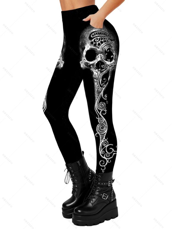Leggings gothiques taille haute élastiques imprimés tête de mort - Noir M | US 6