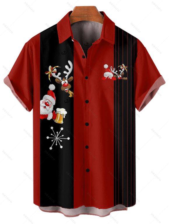 Chemise de Noël pour homme, imprimé Père Noël, élan, flocon de neige, rayures colorblock - Rouge M