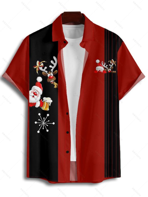 Chemise de Noël pour homme, imprimé Père Noël, élan, flocon de neige, rayures colorblock - Rouge M