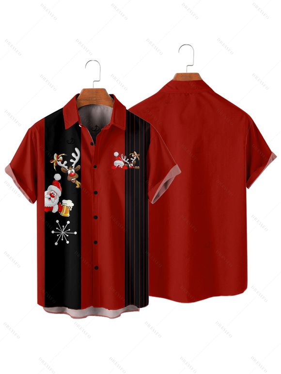 Chemise de Noël pour homme, imprimé Père Noël, élan, flocon de neige, rayures colorblock - Rouge M