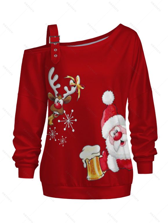 Sweat-shirt de Noël Père Noël Elk Flocon de neige Imprimé Boucle Col incliné Sweat-shirt - Rouge Vineux XXXXXL | US 20