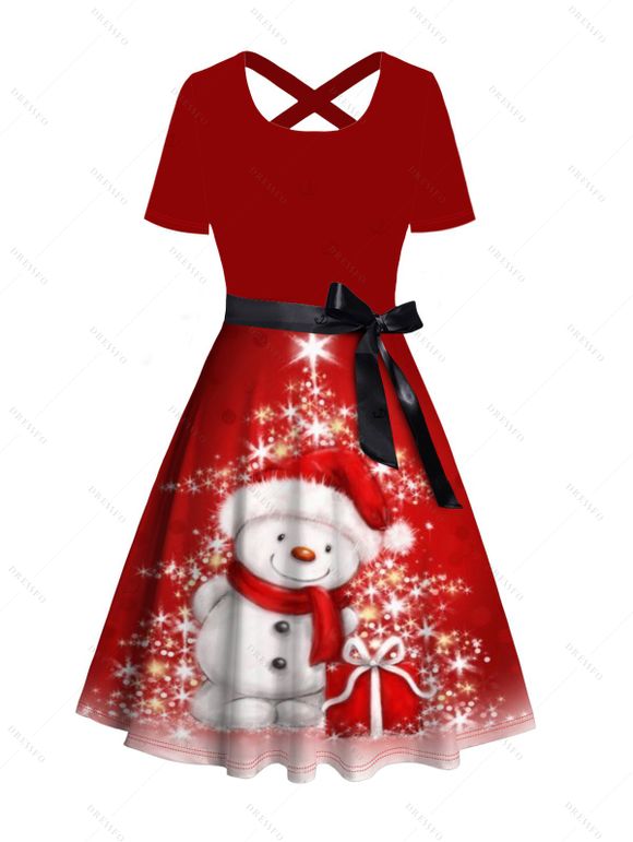 Robe de Noël à imprimé bonhomme de neige et flocon de neige, robe croisée avec ceinture - Rouge L | US 8-10