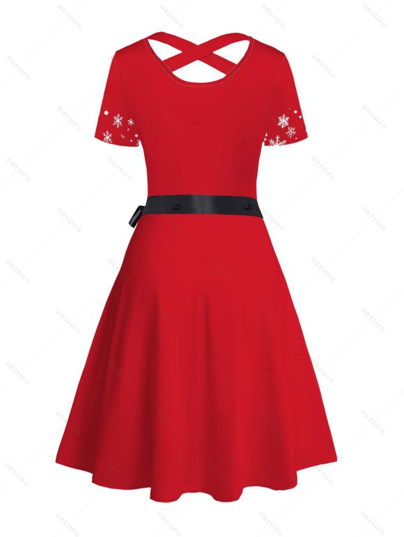 Robe de Noël avec ceinture croisée et imprimé 3D, motif cloche et flocon de neige - Rouge XXL | US 14