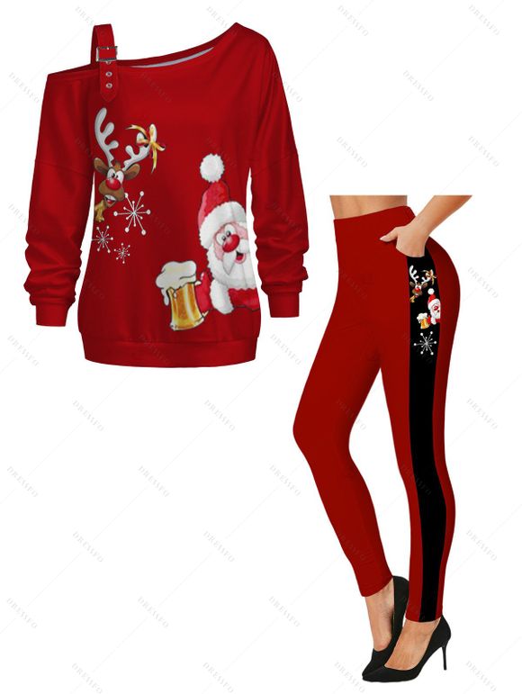 Christmas Couple Outfit Santa Claus Elk  Print Buckle Sweatshirt and Leggings Set - Rouge S | US 4
