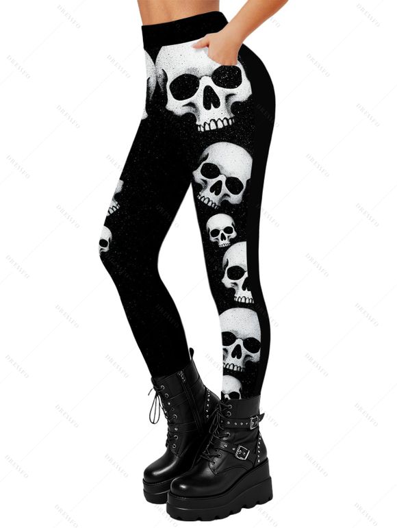 Leggings gothiques d'Halloween imprimés têtes de mort, leggings skinny taille haute élastiques - Noir XXL | US 14