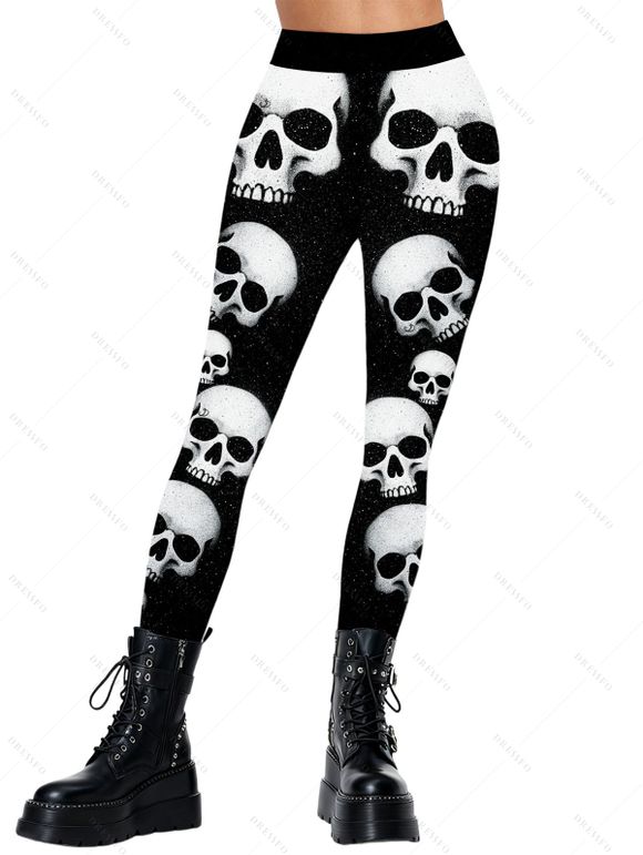 Leggings gothiques d'Halloween imprimés têtes de mort, leggings skinny taille haute élastiques - Noir M | US 6