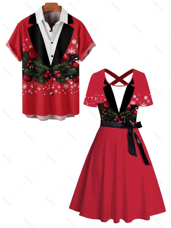 Christmas Couple Outfit Bell Snowflake 3D Print Crossover Belt Dress and Shirt Set - Rouge S | US 4