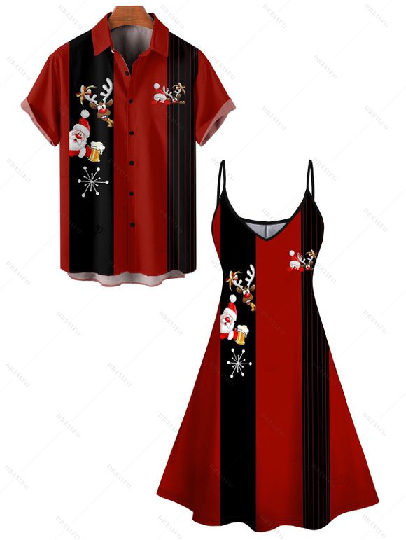 Christmas Couple Outfit Santa Claus Snowflake Elk Print Dress and Shirt Set - Rouge S | US 4