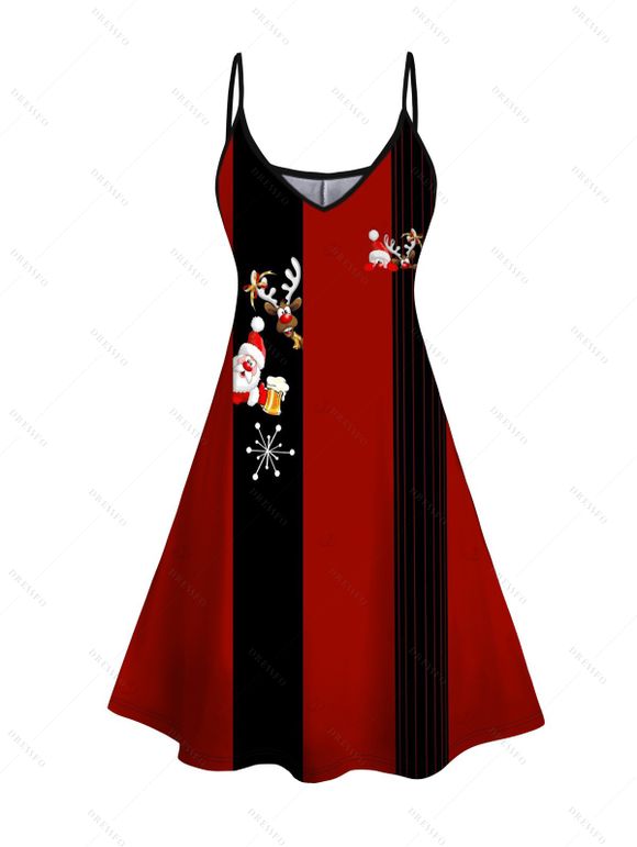 Robe de Noël Père Noël Elk Flocon de neige Imprimé Colorblock Robe à bretelles spaghetti - Rouge XL | US 12