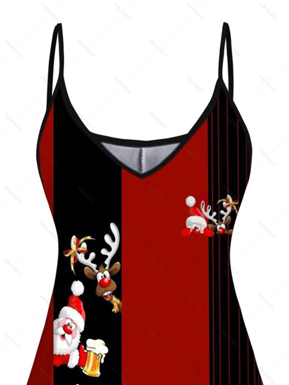 Robe de Noël Père Noël Elk Flocon de neige Imprimé Colorblock Robe à bretelles spaghetti - Rouge XXXXXL | US 20