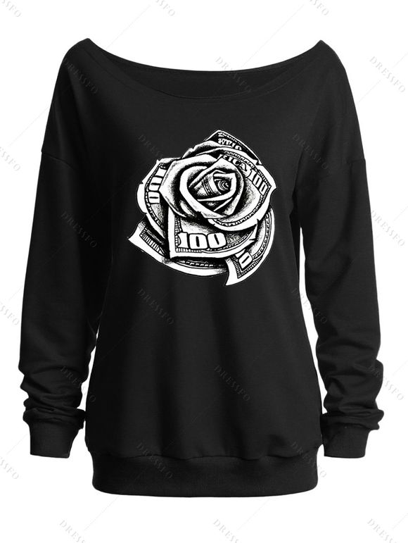 Sweat-shirt décontracté à manches longues et col incliné avec imprimé Rose Cash - Noir XL | US 12