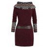 Robe en maille à imprimé ethnique et col oblique, robe à manches longues avec boucle en O - Rouge foncé M | US 6